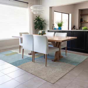 HomeRoots 9' X 12' Stylish Teal Blue Beige Ivory Washable Area Rug - Perfect for Indoor & Outdoor Spaces! 690553