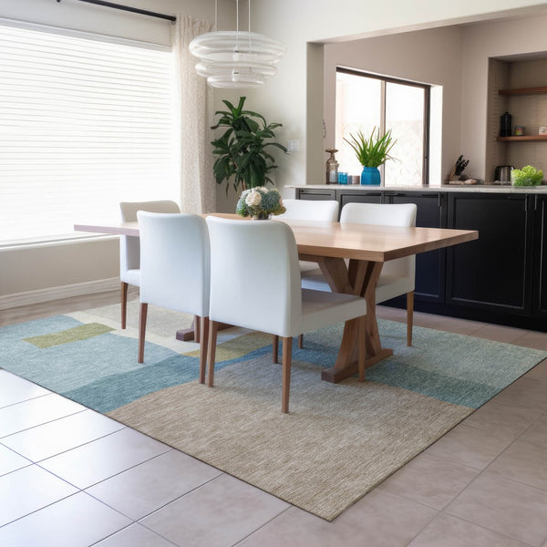 HomeRoots 9' X 12' Stylish Teal Blue Beige Ivory Washable Area Rug - Perfect for Indoor & Outdoor Spaces! 690553
