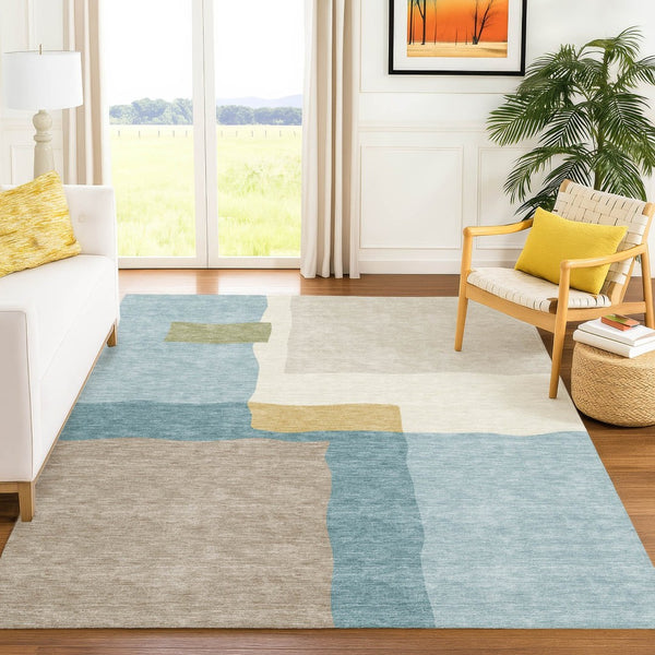 HomeRoots 10' Stylish Teal Blue, Beige & Ivory Abstract Washable Area Rug – Perfect for Indoor & Outdoor Spaces 690554