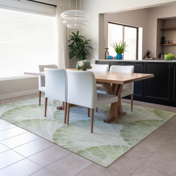 HomeRoots 5' Artichoke Green and Ivory Seashell Area Rug – Stylish, Machine Washable, Indoor/Outdoor Versatility! 690556