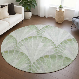 HomeRoots 8' Coastal Charm Round Seashell Rug in Artichoke Green & Ivory - Washable for Indoor/Outdoor Use 690557