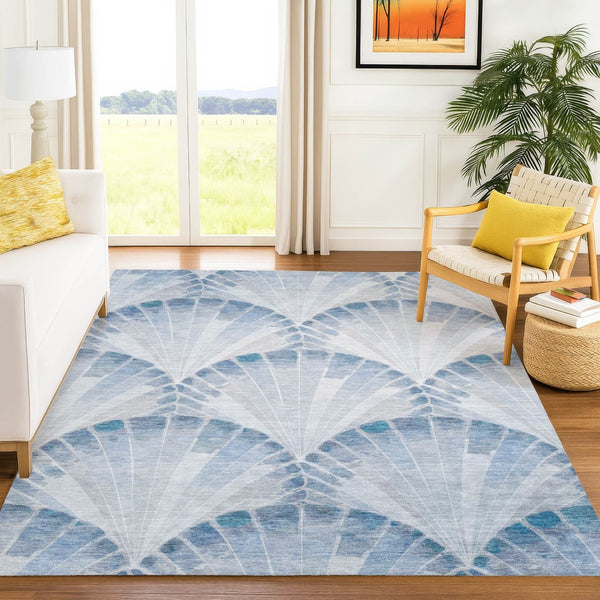 HomeRoots 9' X 12' Sky Blue Seashell Area Rug - Durable, Washable Design for Indoor & Outdoor Coastal Charm 690577