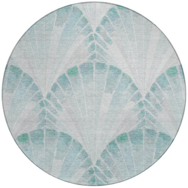 HomeRoots 8' Teal Blue & Ivory Round Seashell Rug - Durable, Washable Area Rug for Indoor & Outdoor Use 690581