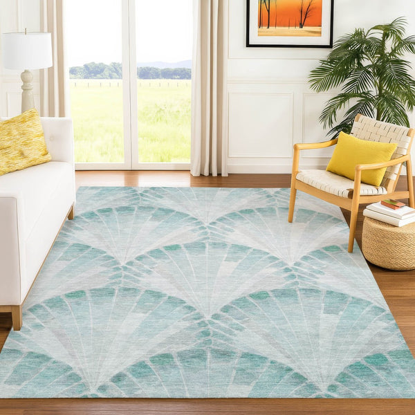 HomeRoots 9' X 12' Teal Blue Seashell Indoor Outdoor Area Rug - Durable, Washable, Coastal Charm for Any Space 690583