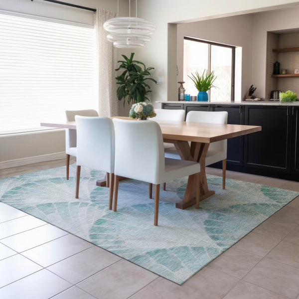 HomeRoots 9' X 12' Teal Blue Seashell Indoor Outdoor Area Rug - Durable, Washable, Coastal Charm for Any Space 690583