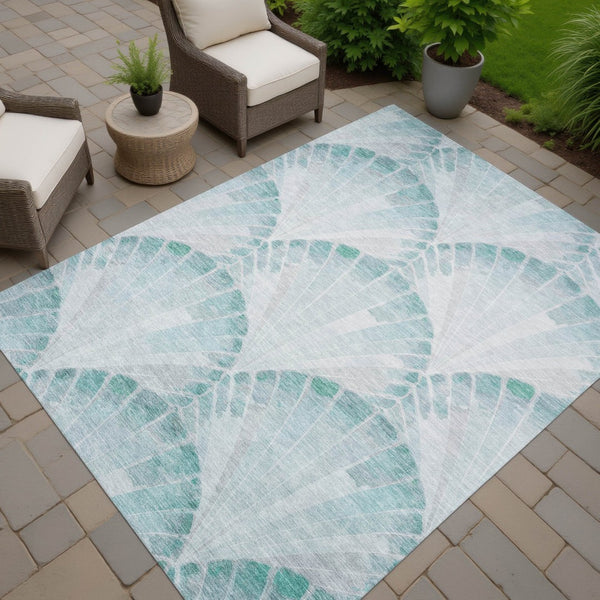 HomeRoots 9' X 12' Teal Blue Seashell Indoor Outdoor Area Rug - Durable, Washable, Coastal Charm for Any Space 690583