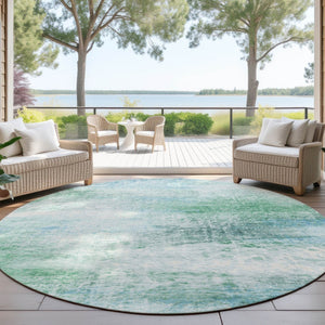 HomeRoots 8' Round Abstract Area Rug in Mint Green, Teal & Ivory - Washable, Durable for Indoor/Outdoor Use 690599