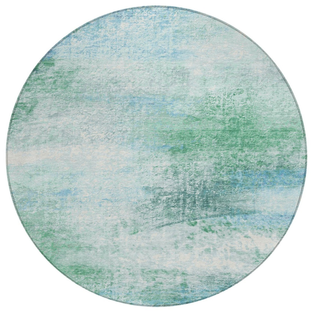 HomeRoots 8' Round Abstract Area Rug in Mint Green, Teal & Ivory - Washable, Durable for Indoor/Outdoor Use 690599