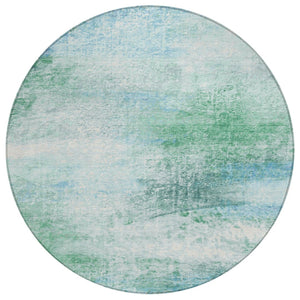 HomeRoots 8' Round Abstract Area Rug in Mint Green, Teal & Ivory - Washable, Durable for Indoor/Outdoor Use 690599