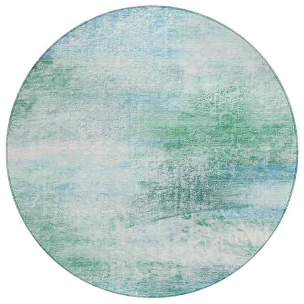 HomeRoots 8' Round Abstract Area Rug in Mint Green, Teal & Ivory - Washable, Durable for Indoor/Outdoor Use 690599