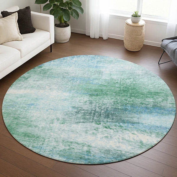 HomeRoots 8' Round Abstract Area Rug in Mint Green, Teal & Ivory - Washable, Durable for Indoor/Outdoor Use 690599
