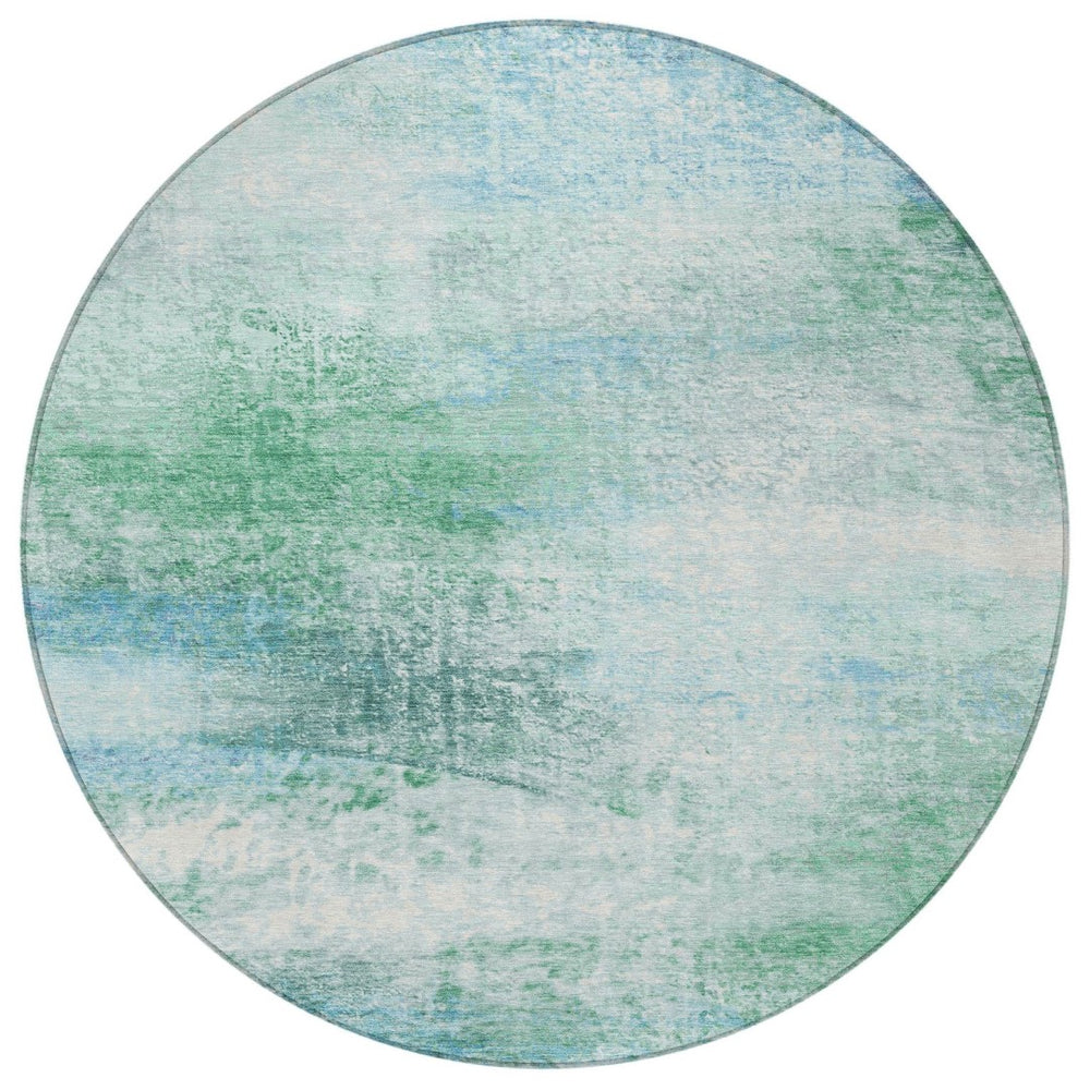 HomeRoots 8' Round Abstract Area Rug in Mint Green, Teal & Ivory - Washable, Durable for Indoor/Outdoor Use 690599