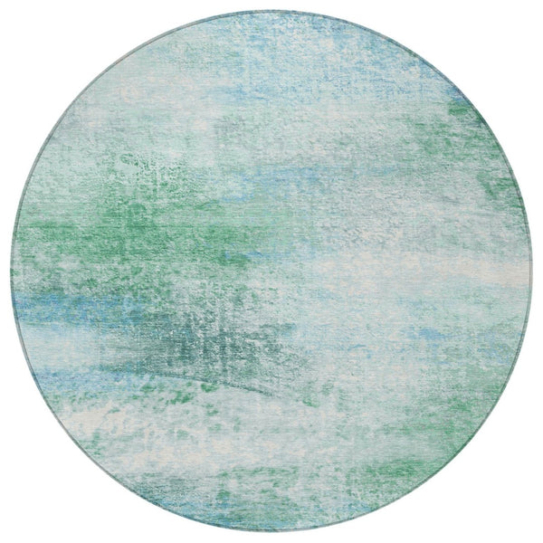 HomeRoots 8' Round Abstract Area Rug in Mint Green, Teal & Ivory - Washable, Durable for Indoor/Outdoor Use 690599