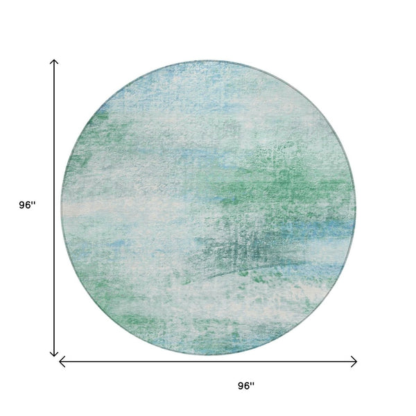 HomeRoots 8' Round Abstract Area Rug in Mint Green, Teal & Ivory - Washable, Durable for Indoor/Outdoor Use 690599