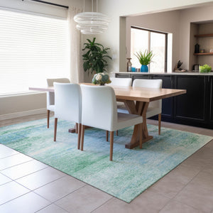 HomeRoots 9' X 12' Washable Mint Green, Teal, and Ivory Abstract Area Rug for Indoor & Outdoor Spaces 690601