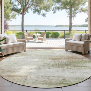 HomeRoots 8' Round Abstract Area Rug in Tan, Green, Beige - Washable, Durable for Indoor & Outdoor Use 690605