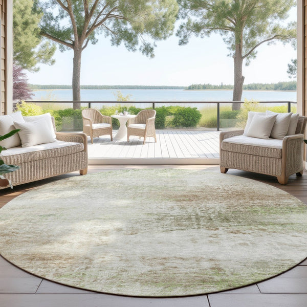 HomeRoots 8' Round Abstract Area Rug in Tan, Green, Beige - Washable, Durable for Indoor & Outdoor Use 690605