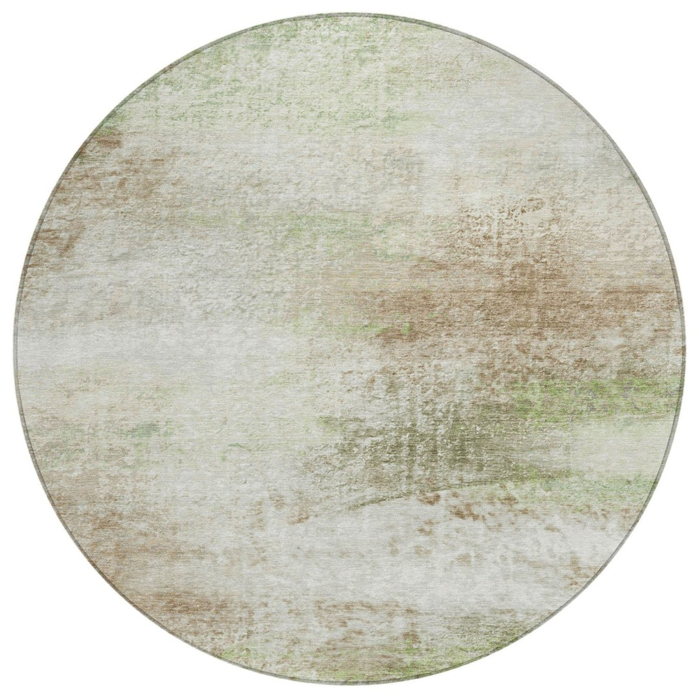 HomeRoots 8' Round Abstract Area Rug in Tan, Green, Beige - Washable, Durable for Indoor & Outdoor Use 690605