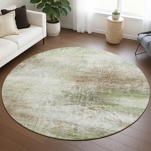 HomeRoots 8' Round Abstract Area Rug in Tan, Green, Beige - Washable, Durable for Indoor & Outdoor Use 690605