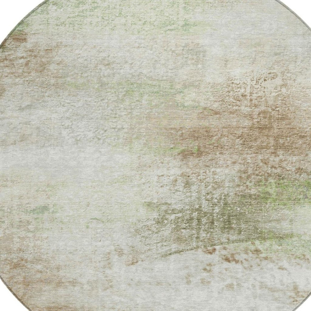 HomeRoots 8' Round Abstract Area Rug in Tan, Green, Beige - Washable, Durable for Indoor & Outdoor Use 690605