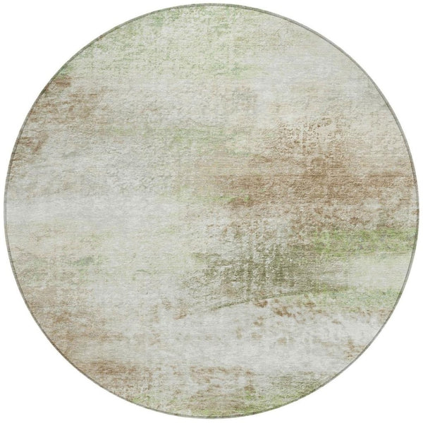 HomeRoots 8' Round Abstract Area Rug in Tan, Green, Beige - Washable, Durable for Indoor & Outdoor Use 690605