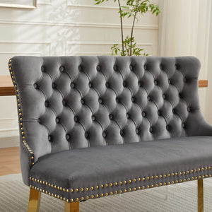English Elm Velvet Wingback Dining Bench Tufted Two Seat Mid Century Modern Brushed Steel Base Gray W1143P406978