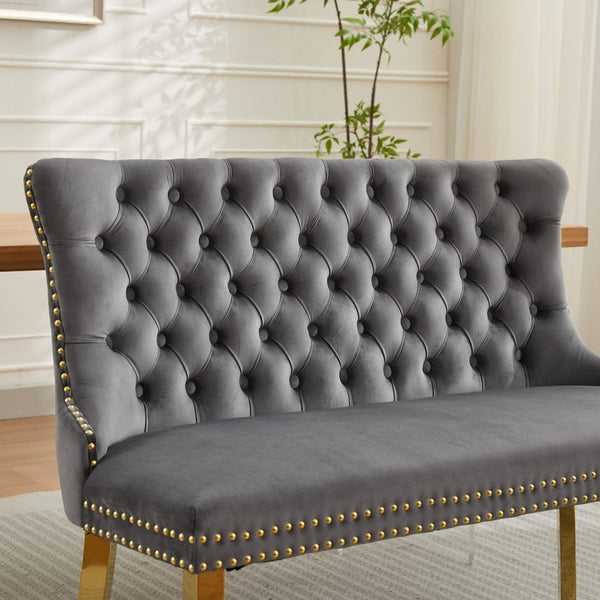 English Elm Velvet Wingback Dining Bench Tufted Two Seat Mid Century Modern Brushed Steel Base Gray W1143P406978