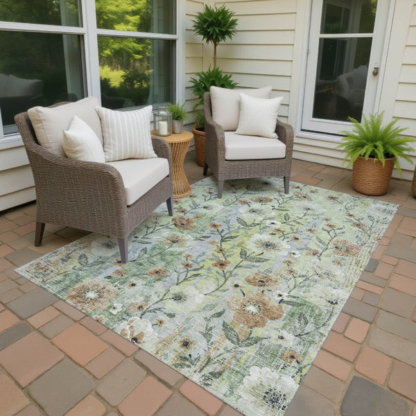 HomeRoots 5' Floral Washable Area Rug in Artichoke Green, Brown & Ivory - Durable Indoor/Outdoor Charm! 690610