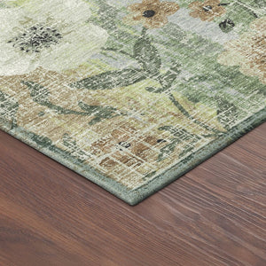 HomeRoots 5' Floral Washable Area Rug in Artichoke Green, Brown & Ivory - Durable Indoor/Outdoor Charm! 690610