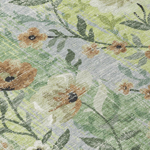 HomeRoots 5' Floral Washable Area Rug in Artichoke Green, Brown & Ivory - Durable Indoor/Outdoor Charm! 690610