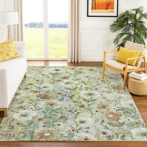 HomeRoots 5' Floral Washable Area Rug in Artichoke Green, Brown & Ivory - Durable Indoor/Outdoor Charm! 690610