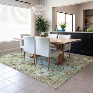 HomeRoots 5' Floral Washable Area Rug in Artichoke Green, Brown & Ivory - Durable Indoor/Outdoor Charm! 690610