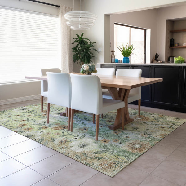 HomeRoots 5' Floral Washable Area Rug in Artichoke Green, Brown & Ivory - Durable Indoor/Outdoor Charm! 690610