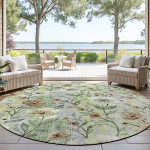 HomeRoots 8' Timeless Floral Artichoke Green Round Area Rug - Washable, Durable for Indoor & Outdoor Spaces 690611