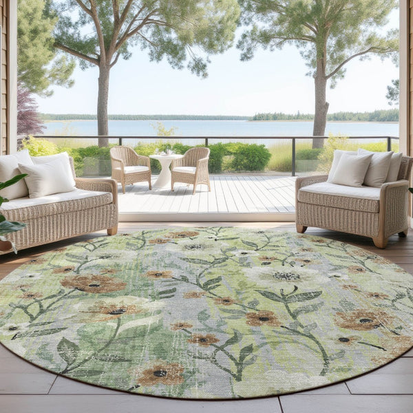 HomeRoots 8' Timeless Floral Artichoke Green Round Area Rug - Washable, Durable for Indoor & Outdoor Spaces 690611