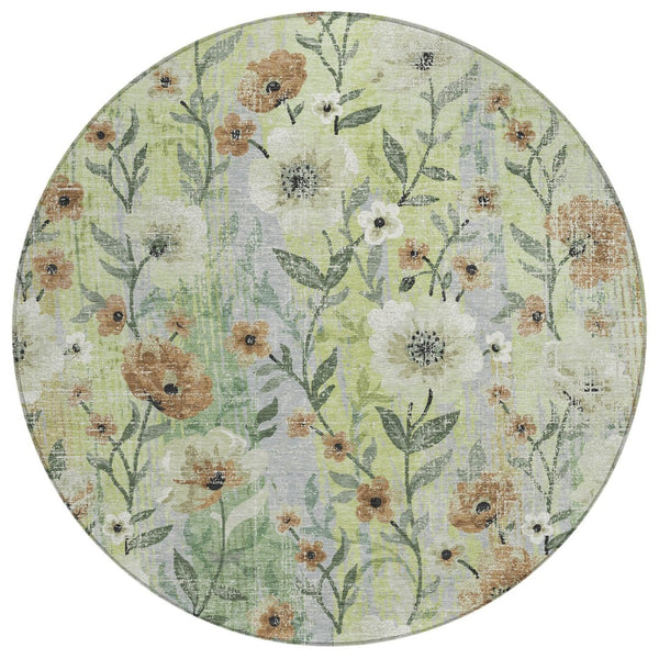 HomeRoots 8' Timeless Floral Artichoke Green Round Area Rug - Washable, Durable for Indoor & Outdoor Spaces 690611