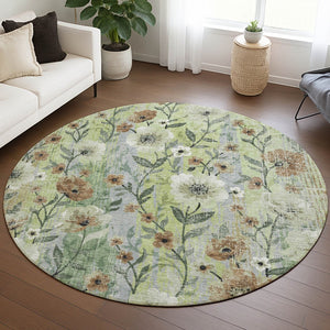 HomeRoots 8' Timeless Floral Artichoke Green Round Area Rug - Washable, Durable for Indoor & Outdoor Spaces 690611