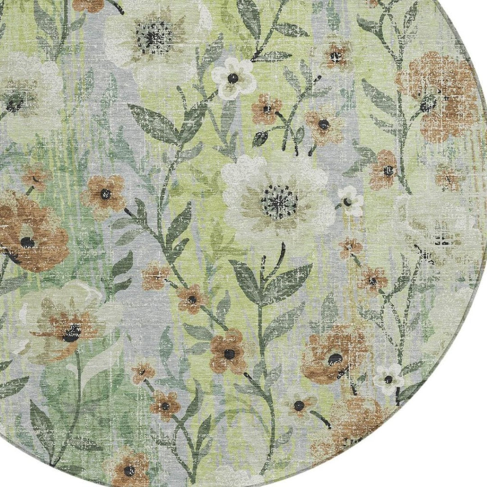 HomeRoots 8' Timeless Floral Artichoke Green Round Area Rug - Washable, Durable for Indoor & Outdoor Spaces 690611