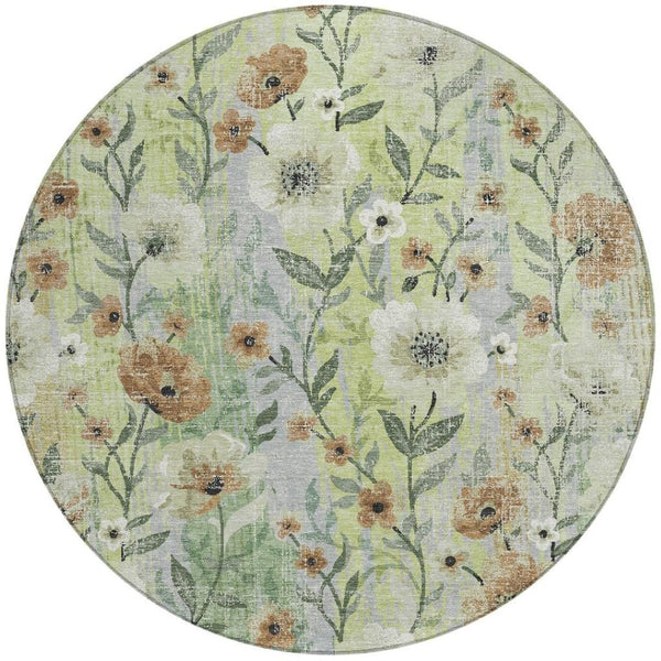 HomeRoots 8' Timeless Floral Artichoke Green Round Area Rug - Washable, Durable for Indoor & Outdoor Spaces 690611