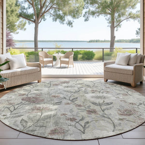 HomeRoots 8' Beige Round Floral Area Rug - Durable, Washable Design for Indoor/Outdoor Use, Easy Care & Style 690617