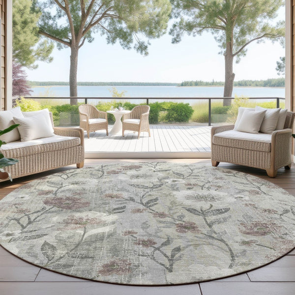 HomeRoots 8' Beige Round Floral Area Rug - Durable, Washable Design for Indoor/Outdoor Use, Easy Care & Style 690617