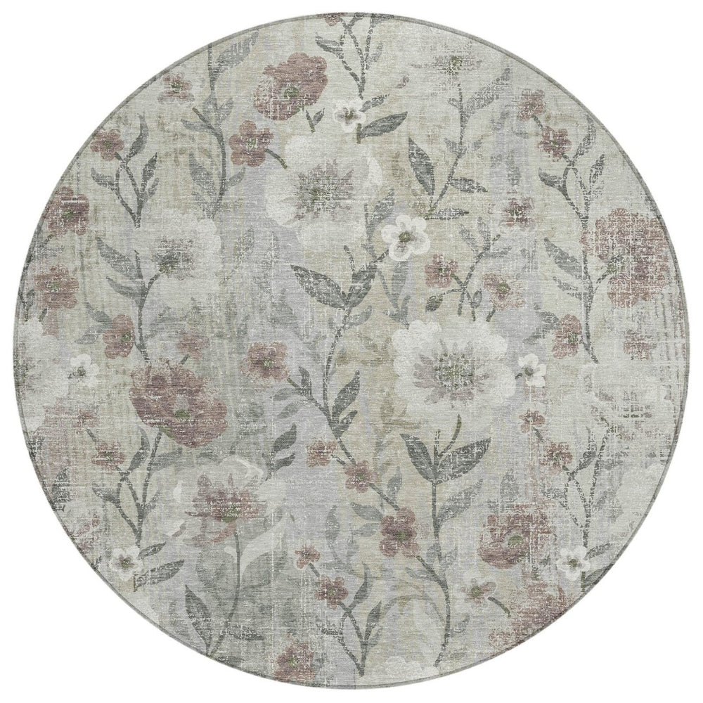 HomeRoots 8' Beige Round Floral Area Rug - Durable, Washable Design for Indoor/Outdoor Use, Easy Care & Style 690617