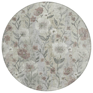 HomeRoots 8' Beige Round Floral Area Rug - Durable, Washable Design for Indoor/Outdoor Use, Easy Care & Style 690617