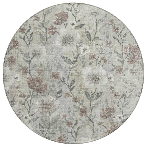 HomeRoots 8' Beige Round Floral Area Rug - Durable, Washable Design for Indoor/Outdoor Use, Easy Care & Style 690617