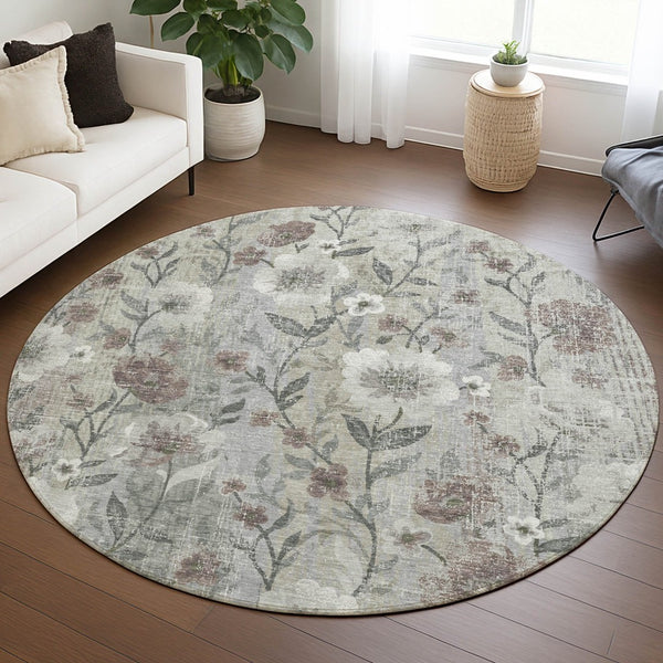 HomeRoots 8' Beige Round Floral Area Rug - Durable, Washable Design for Indoor/Outdoor Use, Easy Care & Style 690617