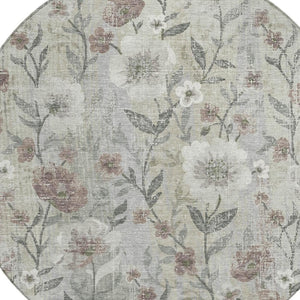 HomeRoots 8' Beige Round Floral Area Rug - Durable, Washable Design for Indoor/Outdoor Use, Easy Care & Style 690617
