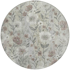 HomeRoots 8' Beige Round Floral Area Rug - Durable, Washable Design for Indoor/Outdoor Use, Easy Care & Style 690617
