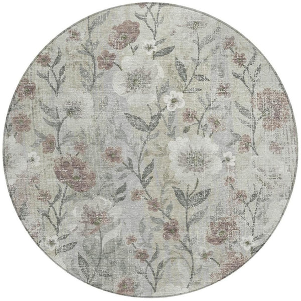 HomeRoots 8' Beige Round Floral Area Rug - Durable, Washable Design for Indoor/Outdoor Use, Easy Care & Style 690617