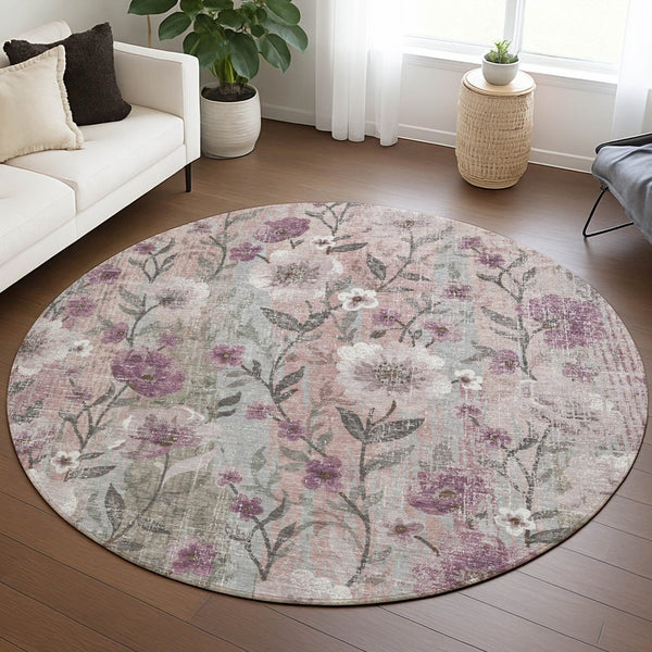 HomeRoots 8' Elegant Floral Round Area Rug - Washable, Versatile Indoor/Outdoor Decor for Any Space 690623