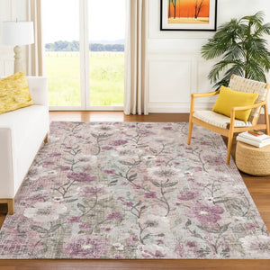 HomeRoots 9' X 12' Elegant Blush, Silver & Mauve Floral Rug - Durable, Washable for Indoor & Outdoor Spaces! 690625